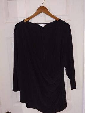EUC Travelsmith Faux Wrap Black Blouse, 2X, Long Sleeve, "No Wrinkle" Collection